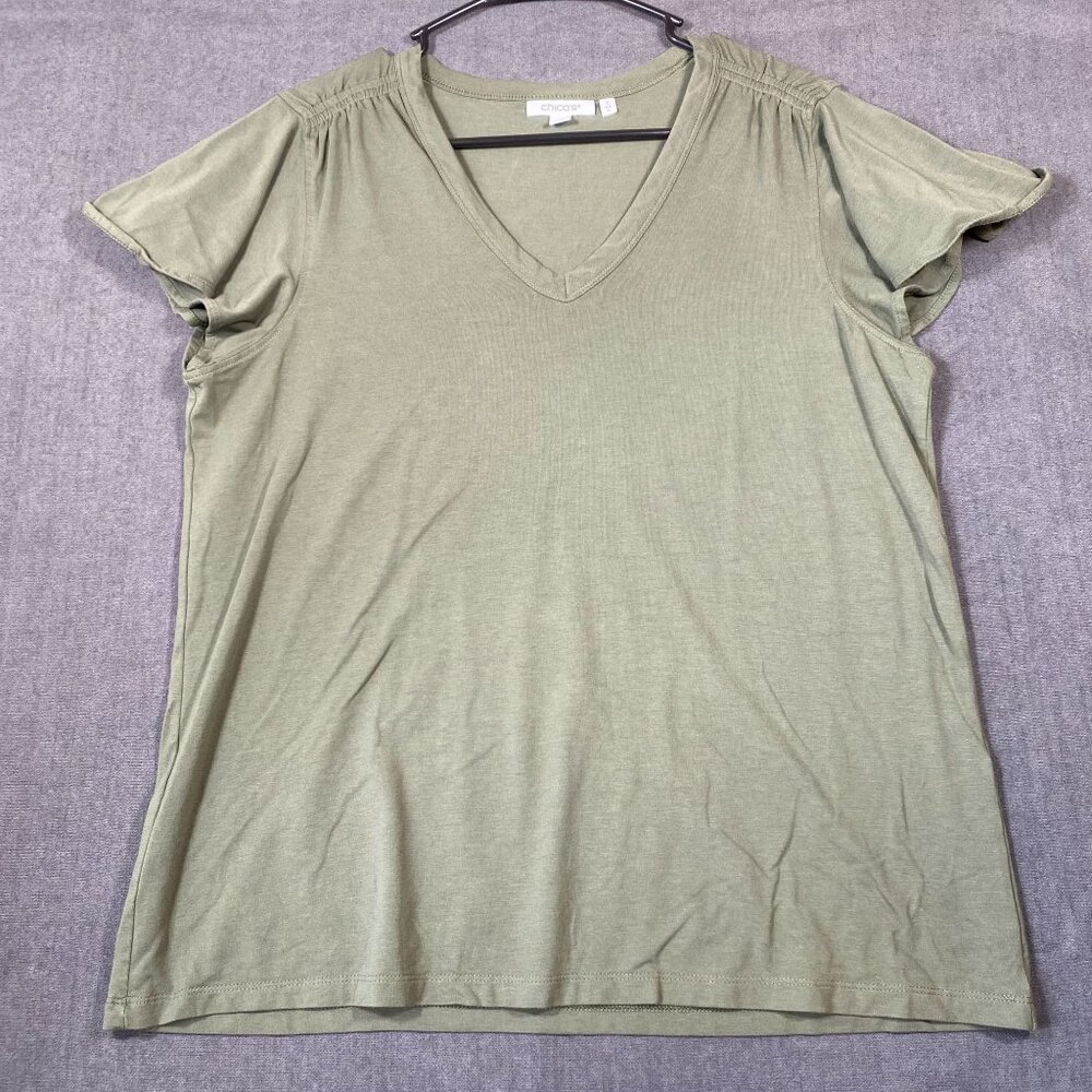 Chicos Olive Green V-Neck Short Sleeve Shirt Pima Cotton & Modal  Womens Size L